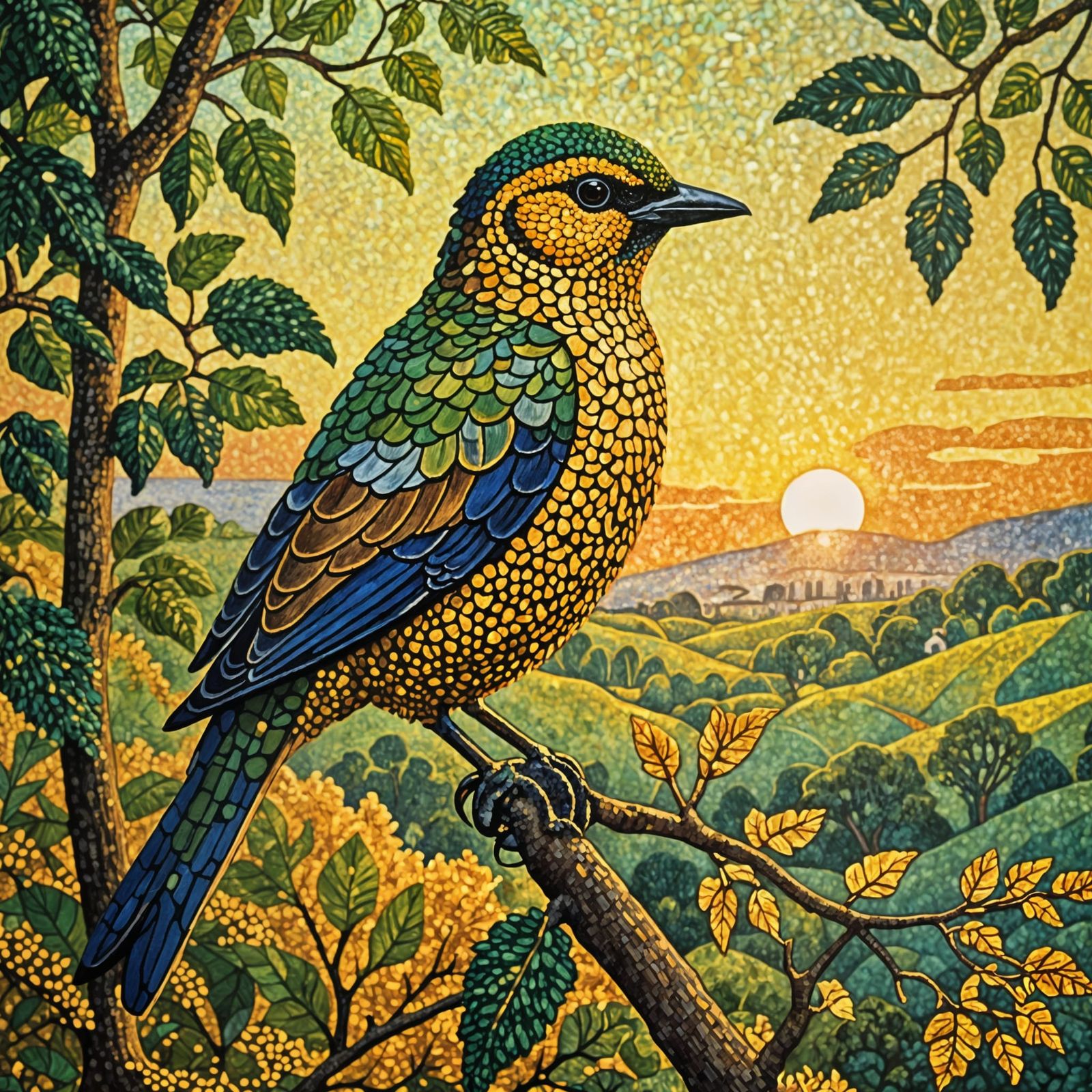Pointillist Bird at Sunset: A Detailed Painting