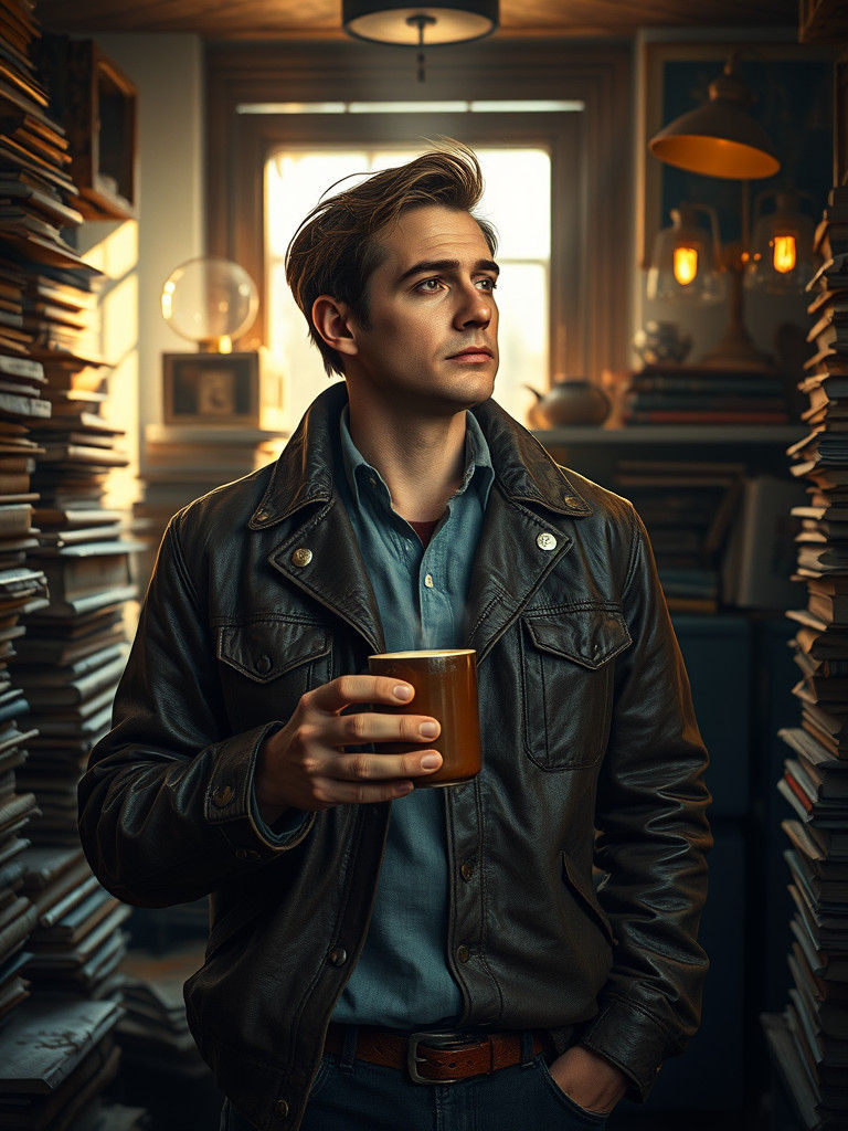 Detective in Cluttered Office with Coffee, Photorealistic St...