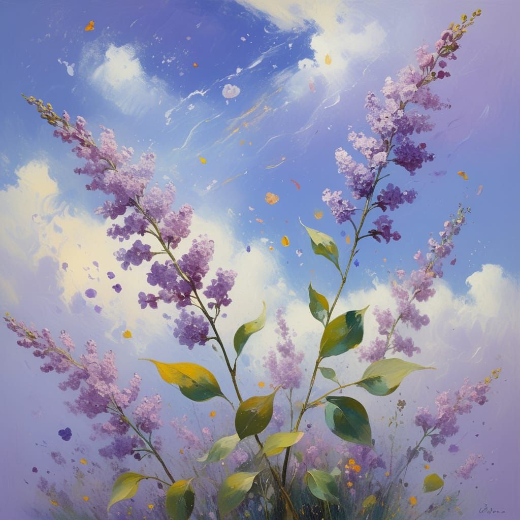 Lilacs on the wind 

Lilac flowers and wind blowing them through the skies 

L’Air & Eros: lilac and white chocolate
