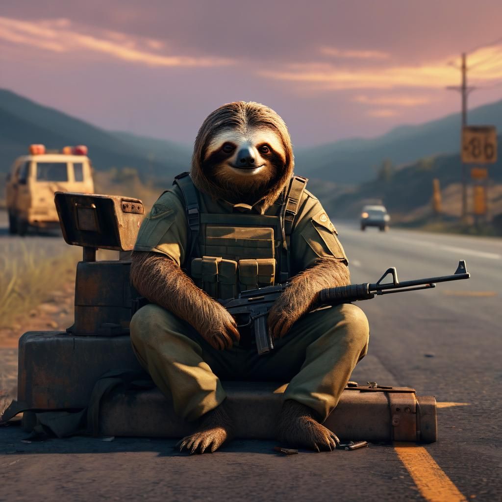 Sloth Soldier at Roadblock: Stylized Realism