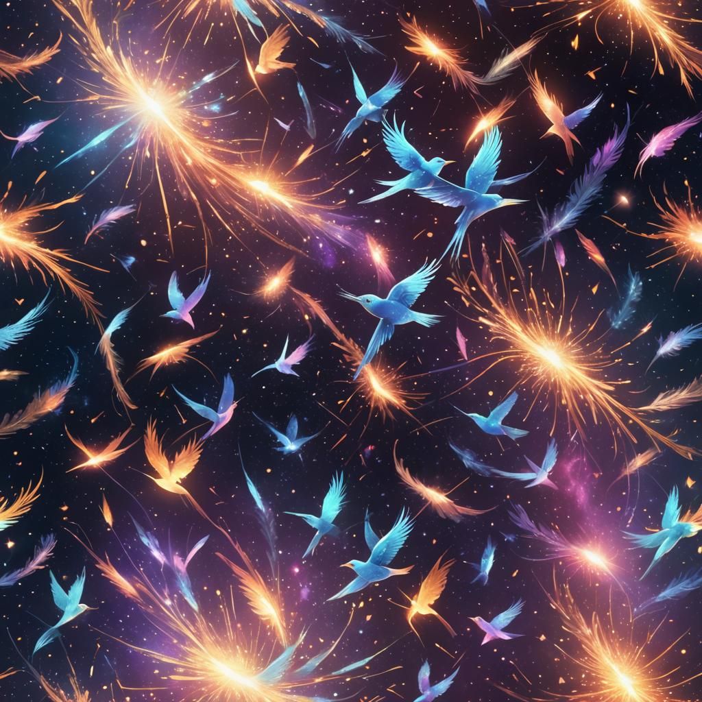 Cosmic Birds Illuminating Galaxies in Digital Art