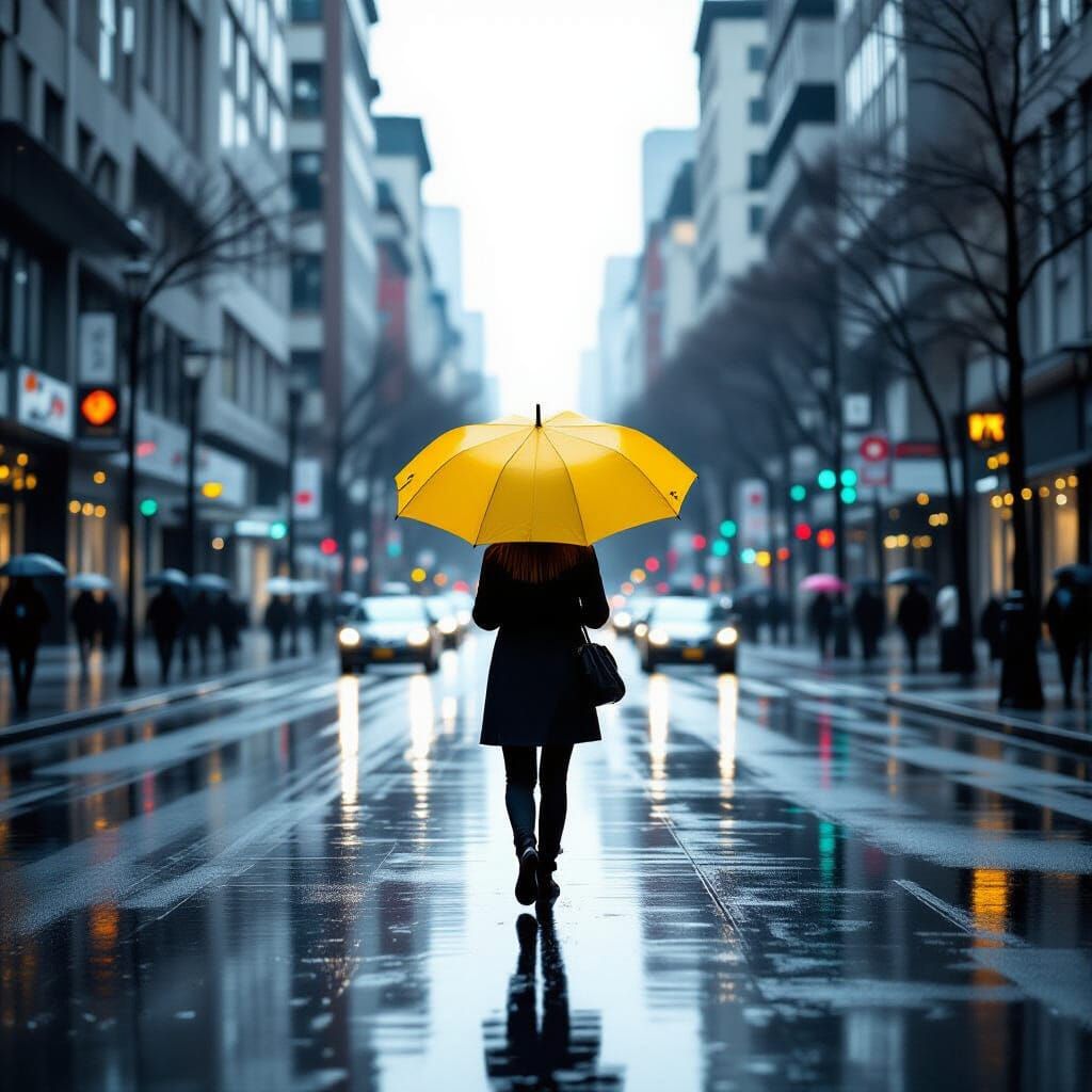 Color Pop: Yellow Umbrella on Rainy Street