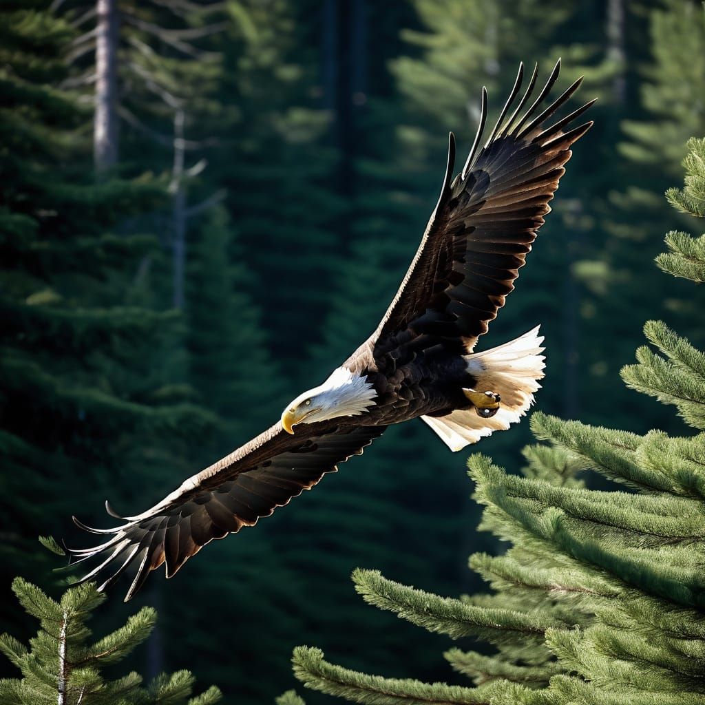 Bald Eagle Gliding Over Forest Stream