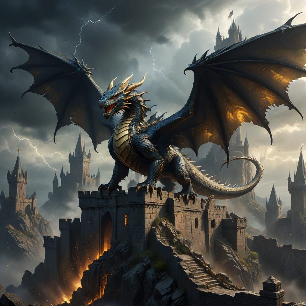 Majestic Dragon Soars Over Stormy Castle in Digital Matte Pa...