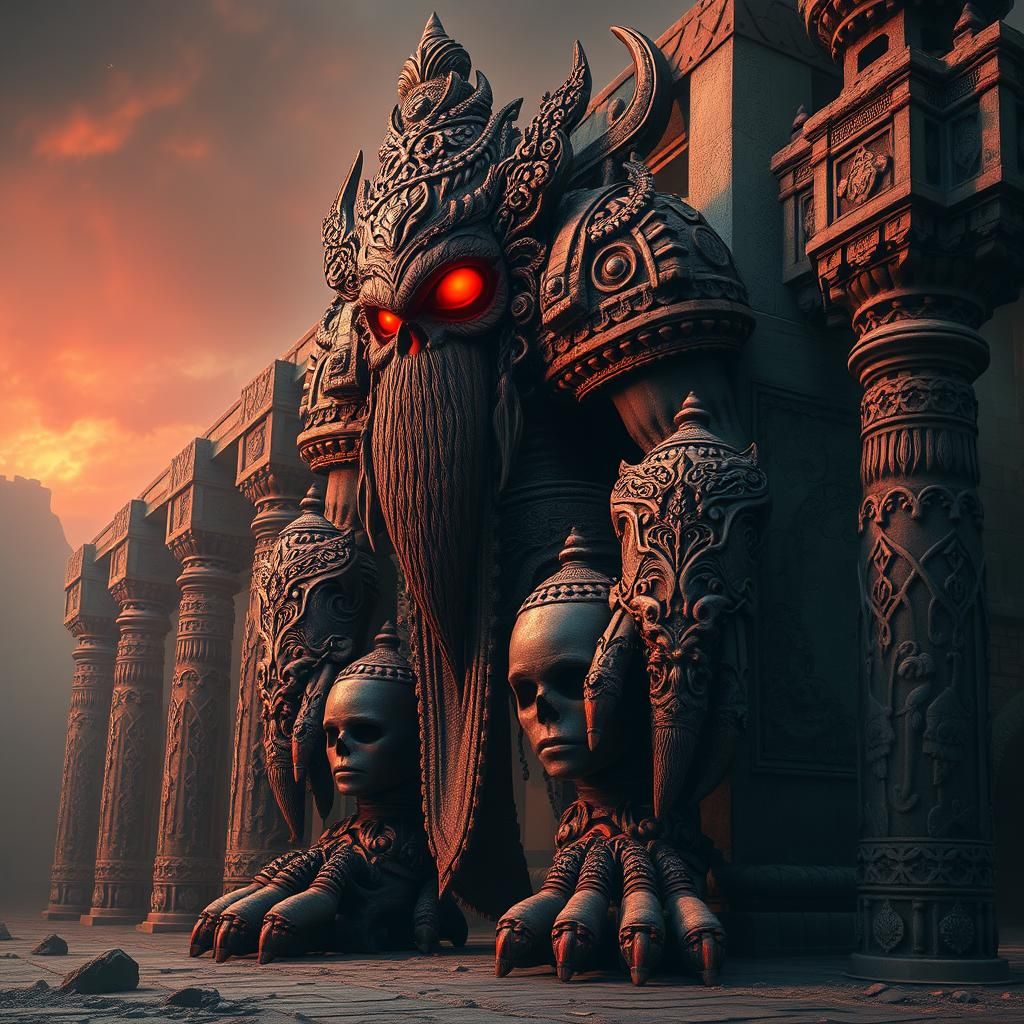 Red Rubin Golem Near Carved Pillars