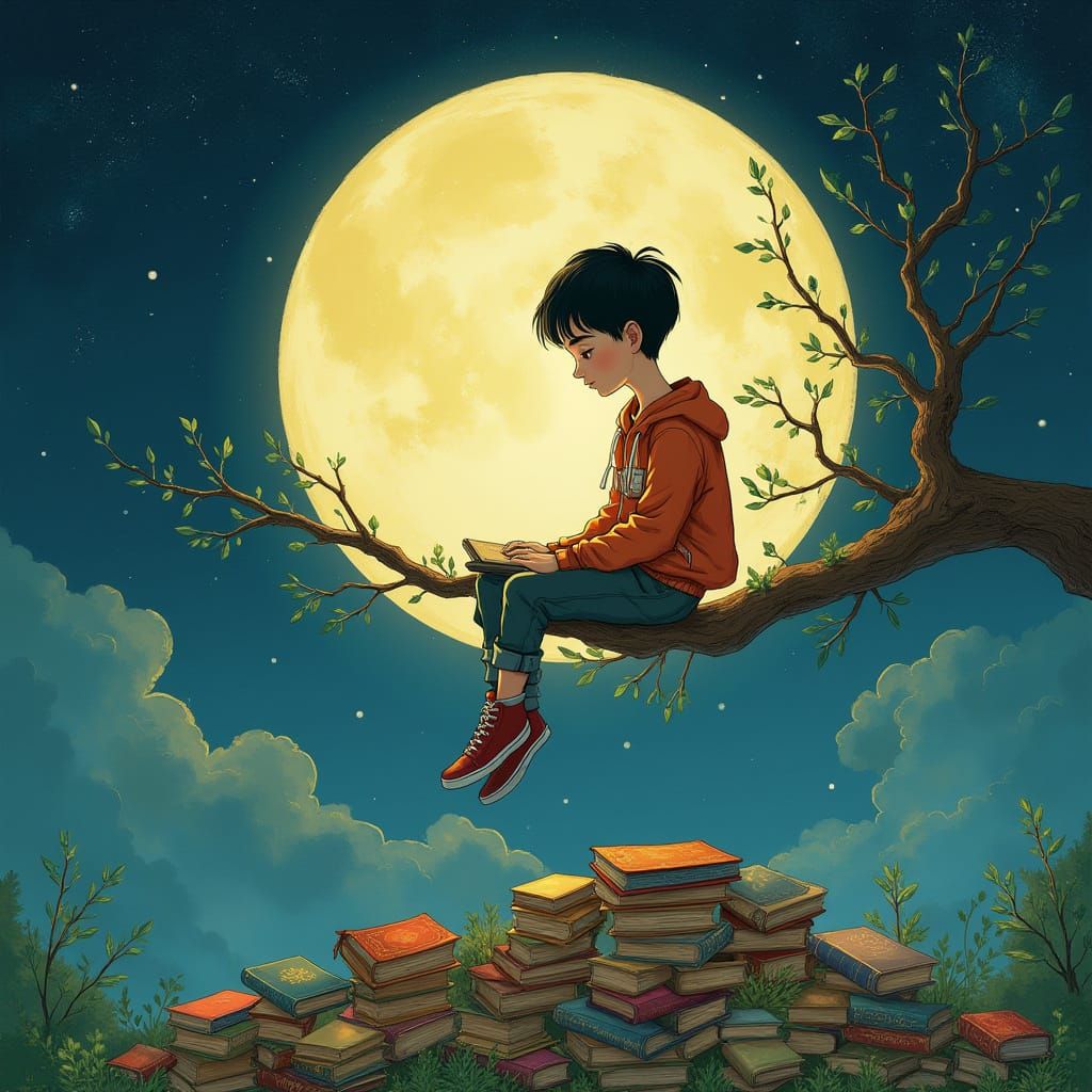 Whimsical Boy in the Moonlit Library