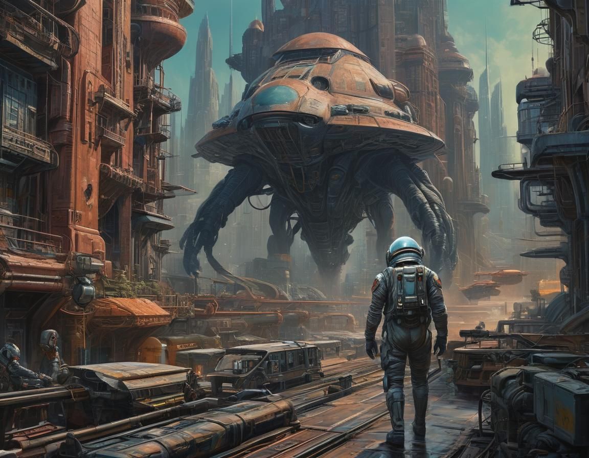 Astronaut's Sci-Fi Encounter in Jim Burns Style