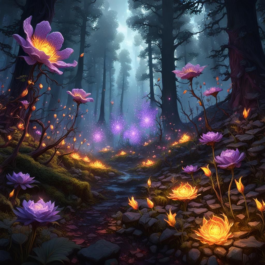 Fantasy Fire Flowers in Forest, Digital Art