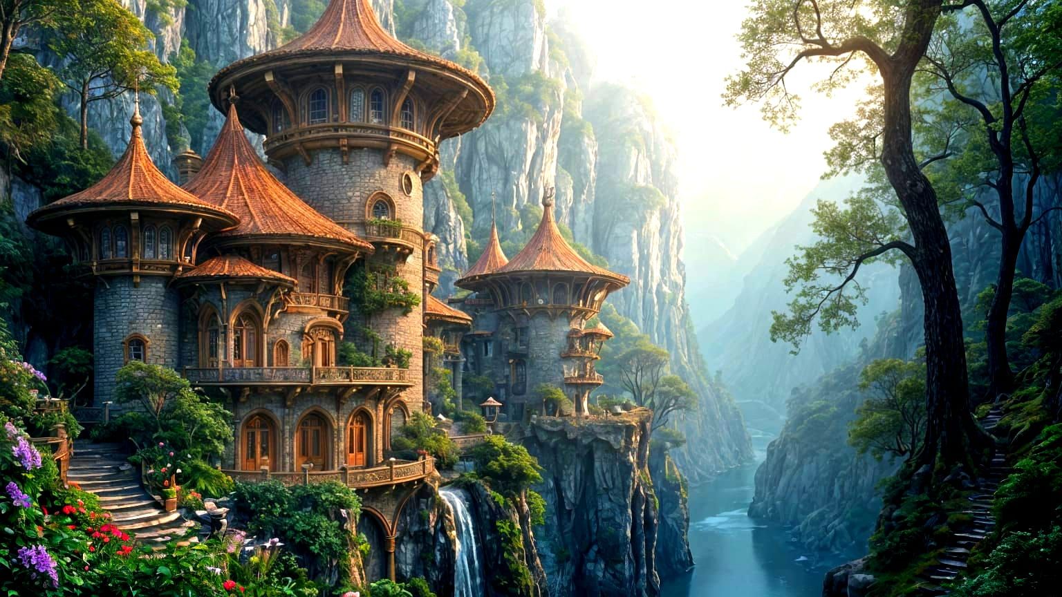 Retro-Futuristic Elven Cottages in Gorge: Fantasy Art