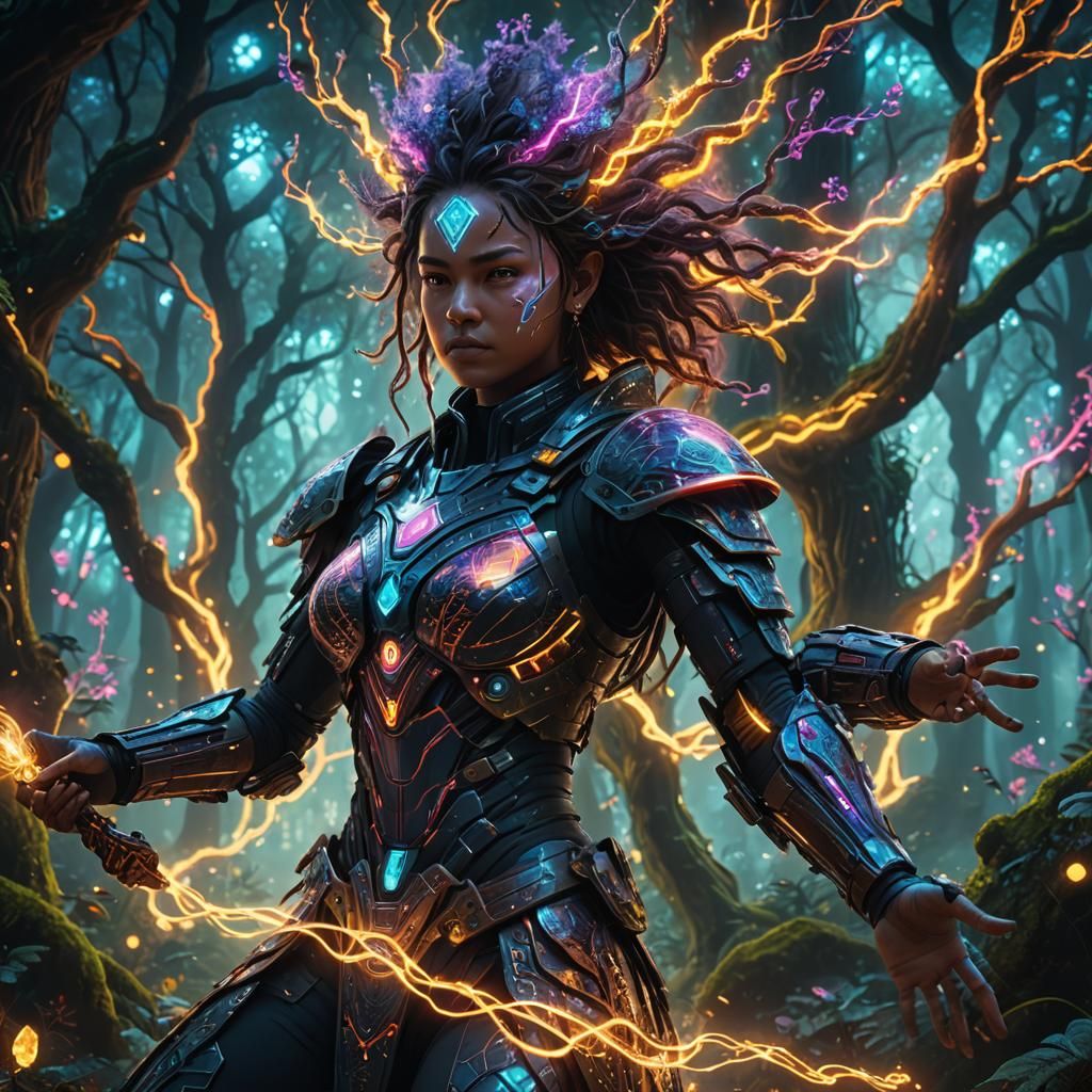 Digital Warrior in Fractal Forest: Fantasy Concept Art