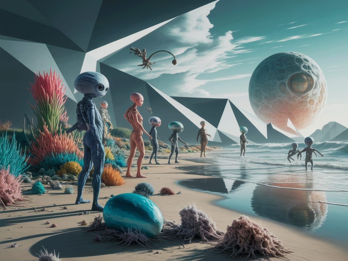 Surreal Beach with Extraterrestrial Life in Hyperrealism