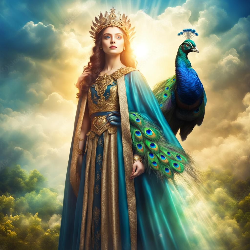 Divine Roman Queen with Peacock in Sunlight