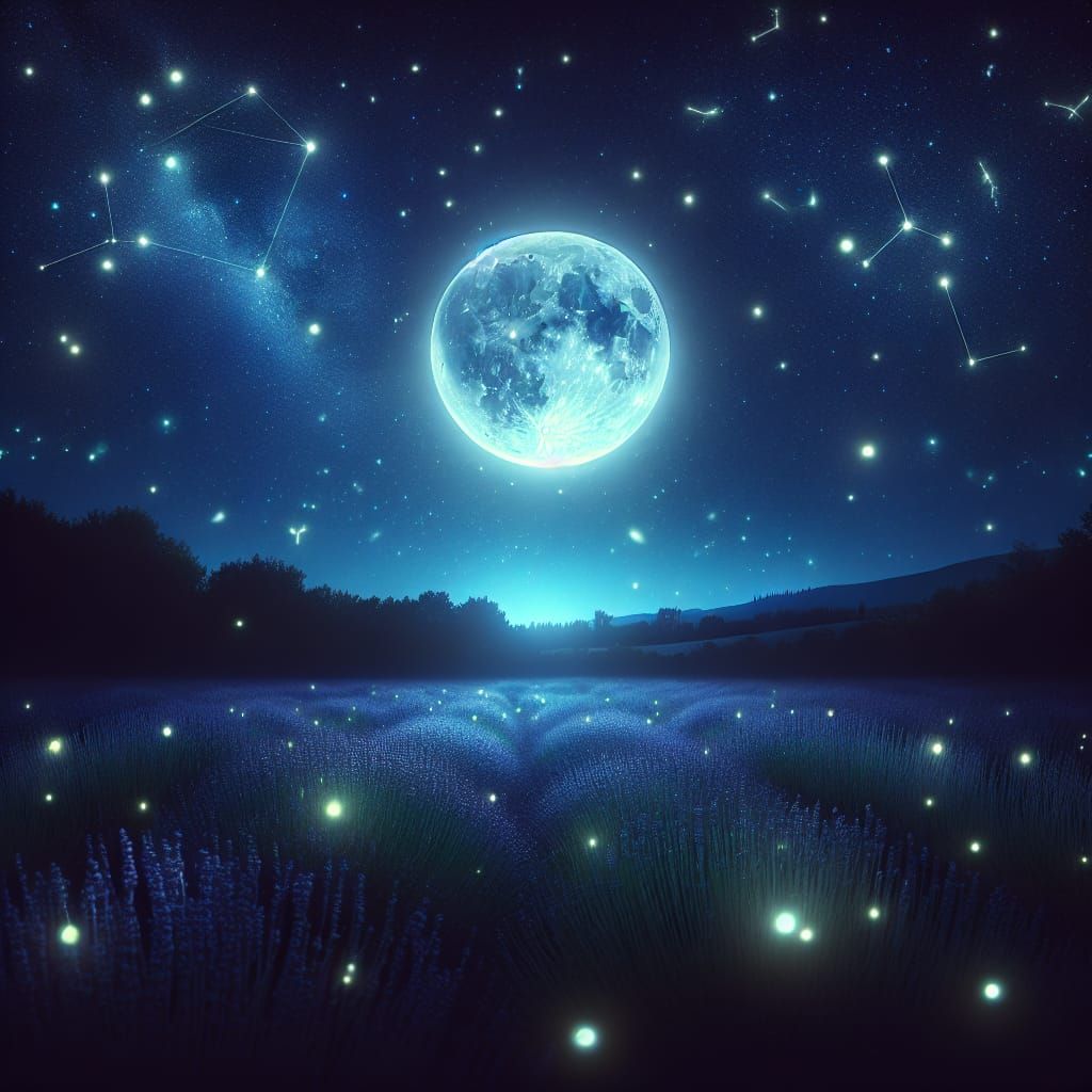 Enchanting Nightly Scene: Moonlit Lavender Field