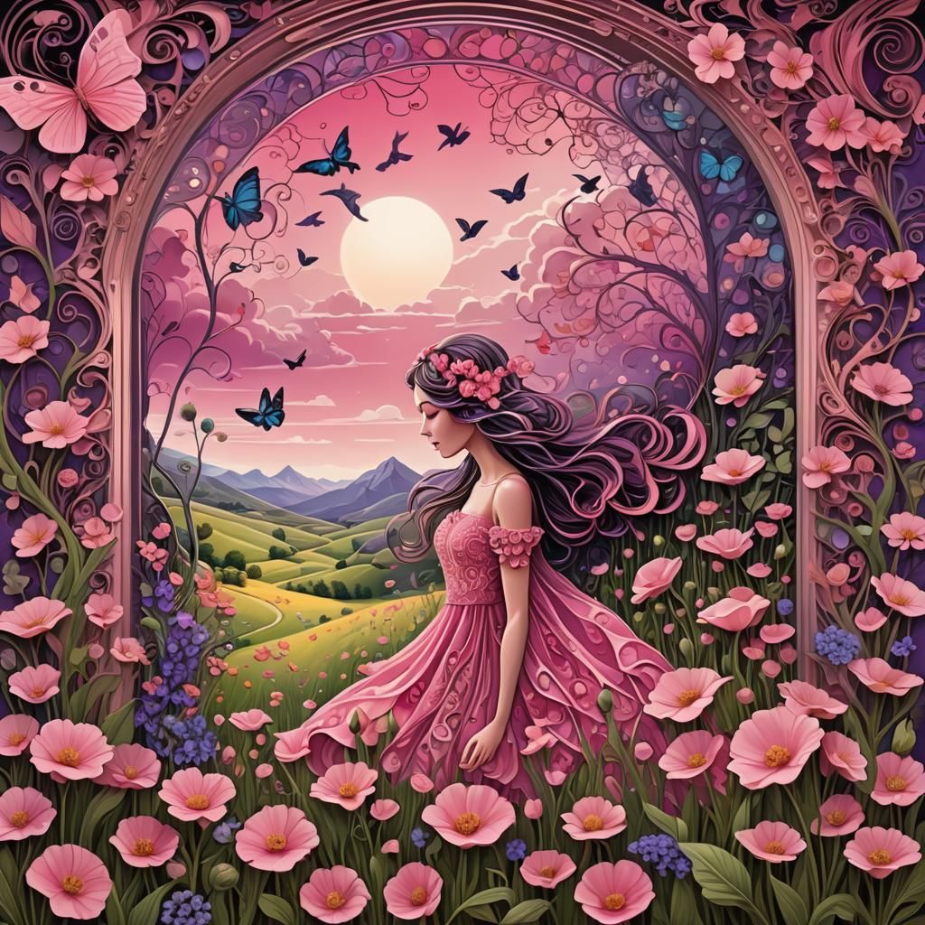 Girl's Dream World with Pink Clouds and Flowers