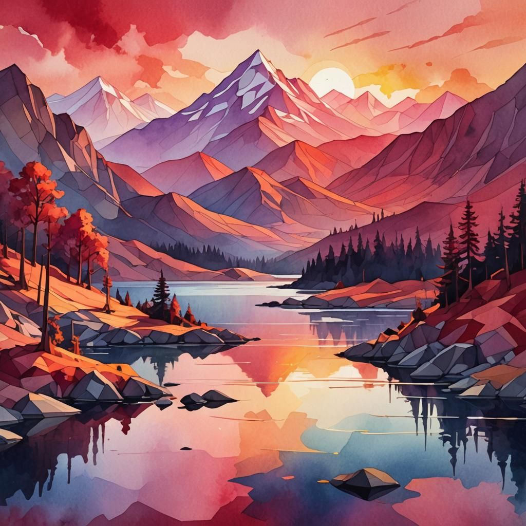 Serene Lake Reflecting Sunset in Watercolor Landscape