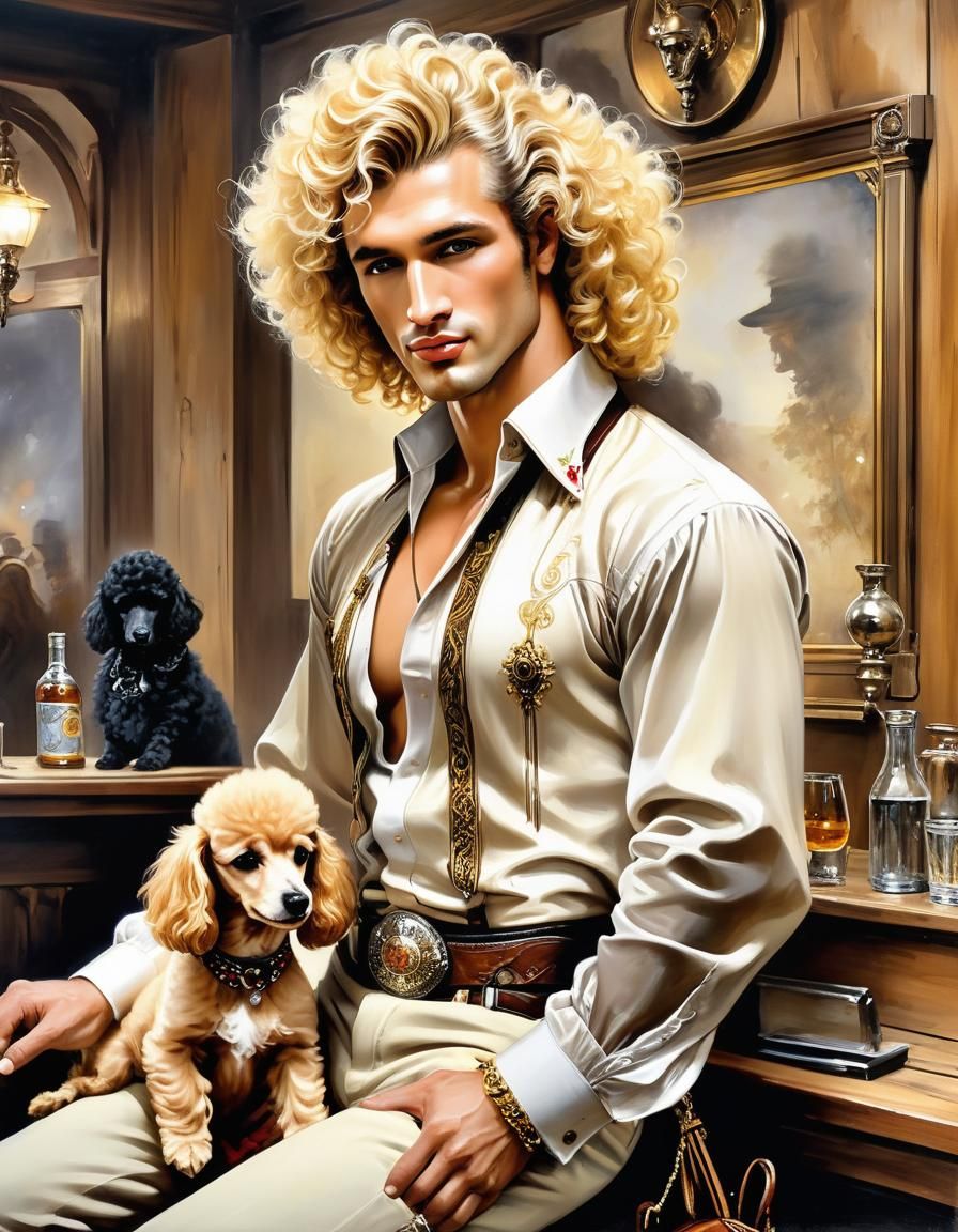 Poodle and Blond Man in Saloon, Pin-Up Art