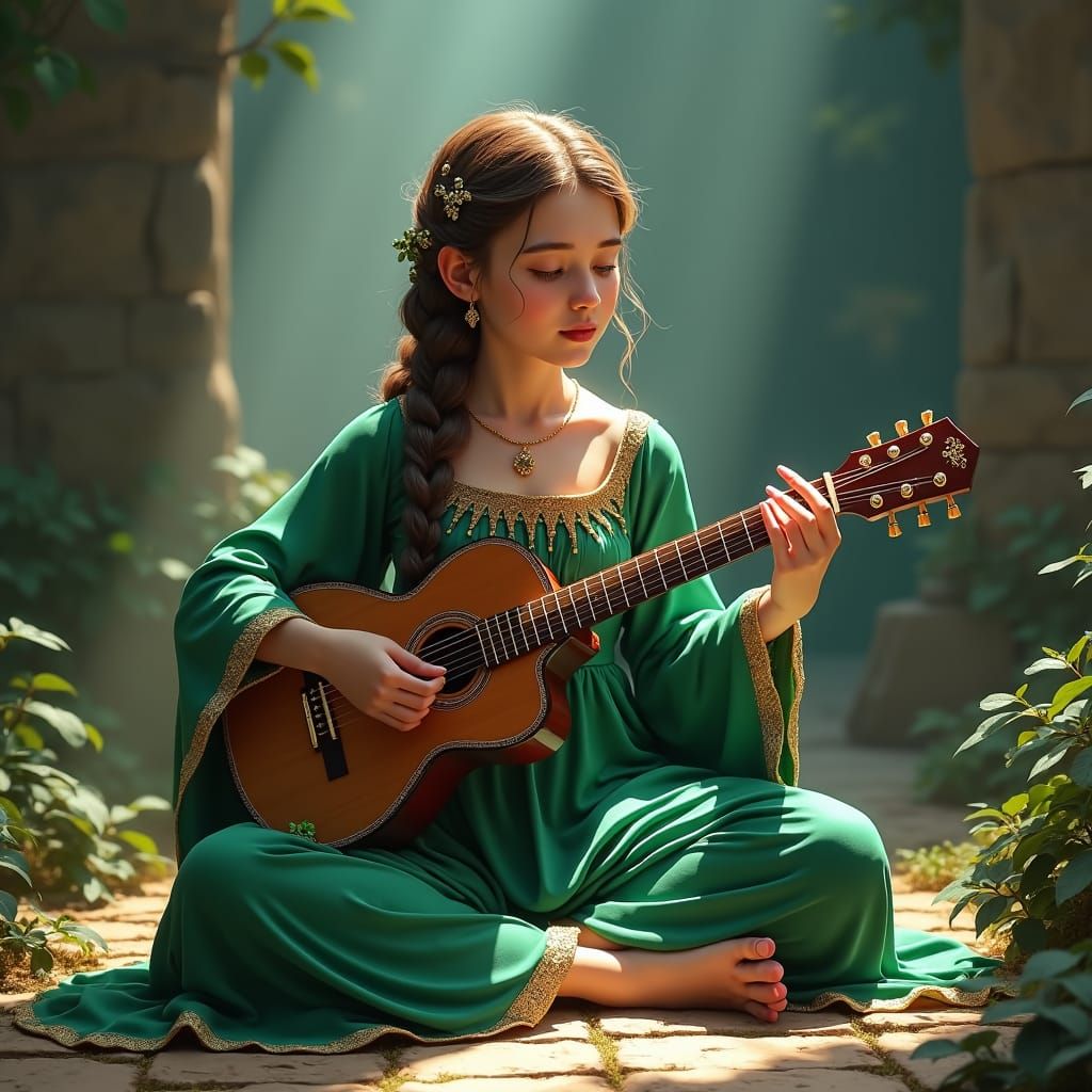 brunette girl braided hair green medieval dress cross legged...