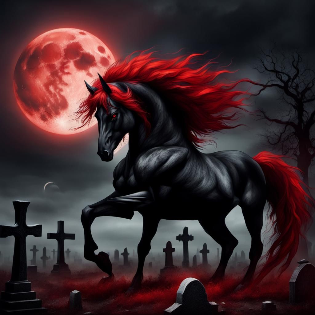 Fiery Black Stallion Rearing in Dark Fantasy Cemetery