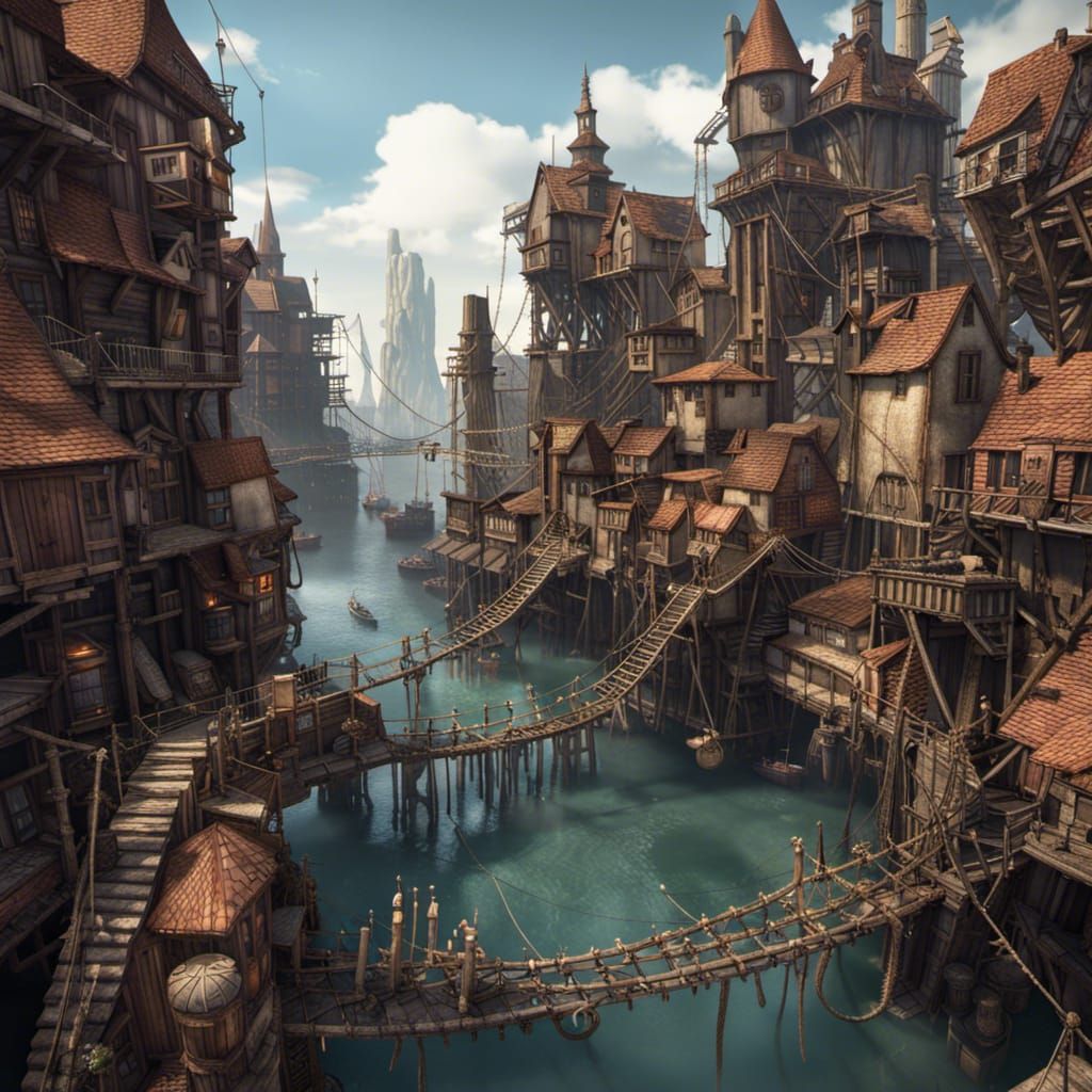 Fantasy Shantytown City with Rope Bridges and Chimneys