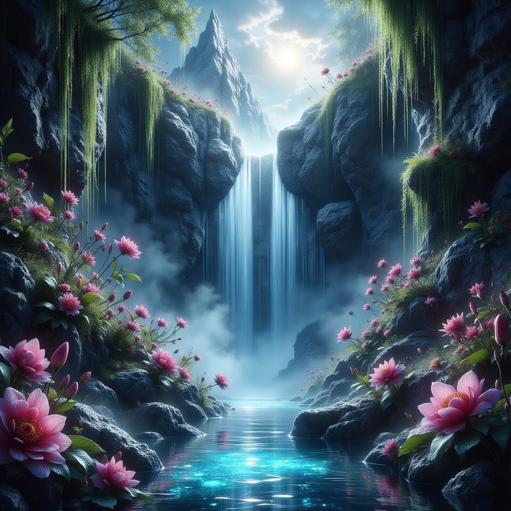 Fantastical Floral Waterfall in Vibrant Colors