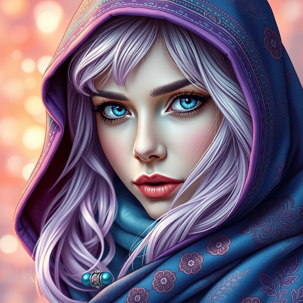 Ethereal Woman in Embroidered Cape, Digital Art