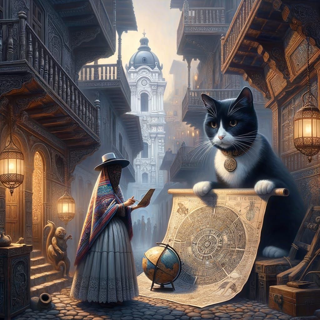 Peruvian Viceroyalty Oil Painting of a Cat and Woman