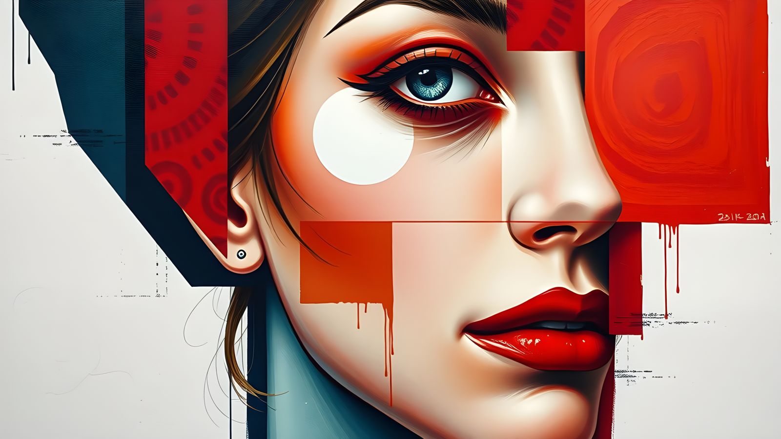 Abstract Cubist Woman's Portrait in Red Hues