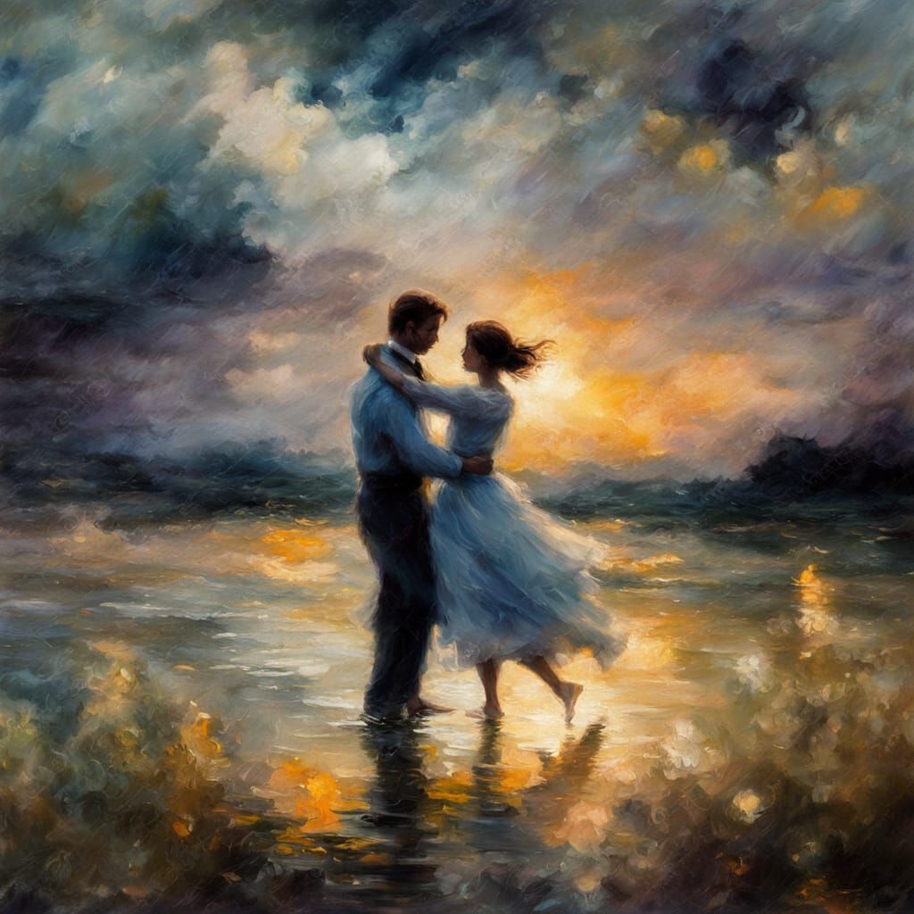 Lovers Dancing in Moonlight: Impressionist Style