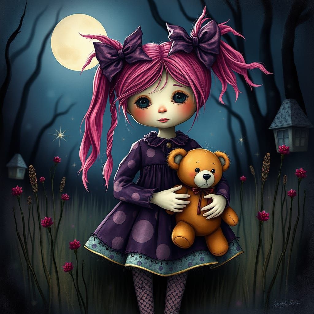 Mystical Raggedy Doll in Moonlit Clearing