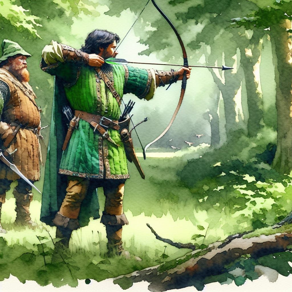 Robin Hood in Sherwood Forest: Impasto Watercolor Scene