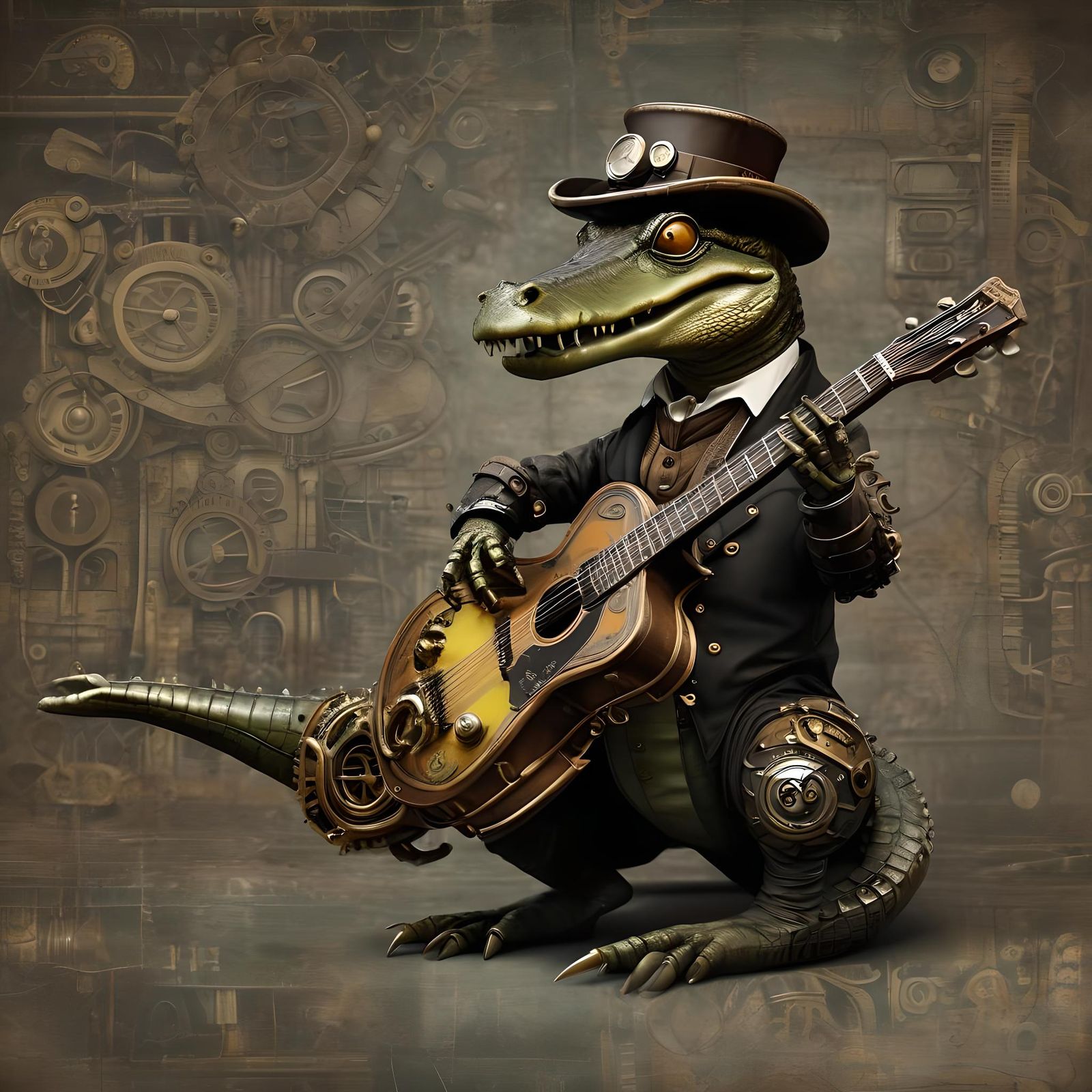 Steampunk Alligator Guitarist with Engine Background