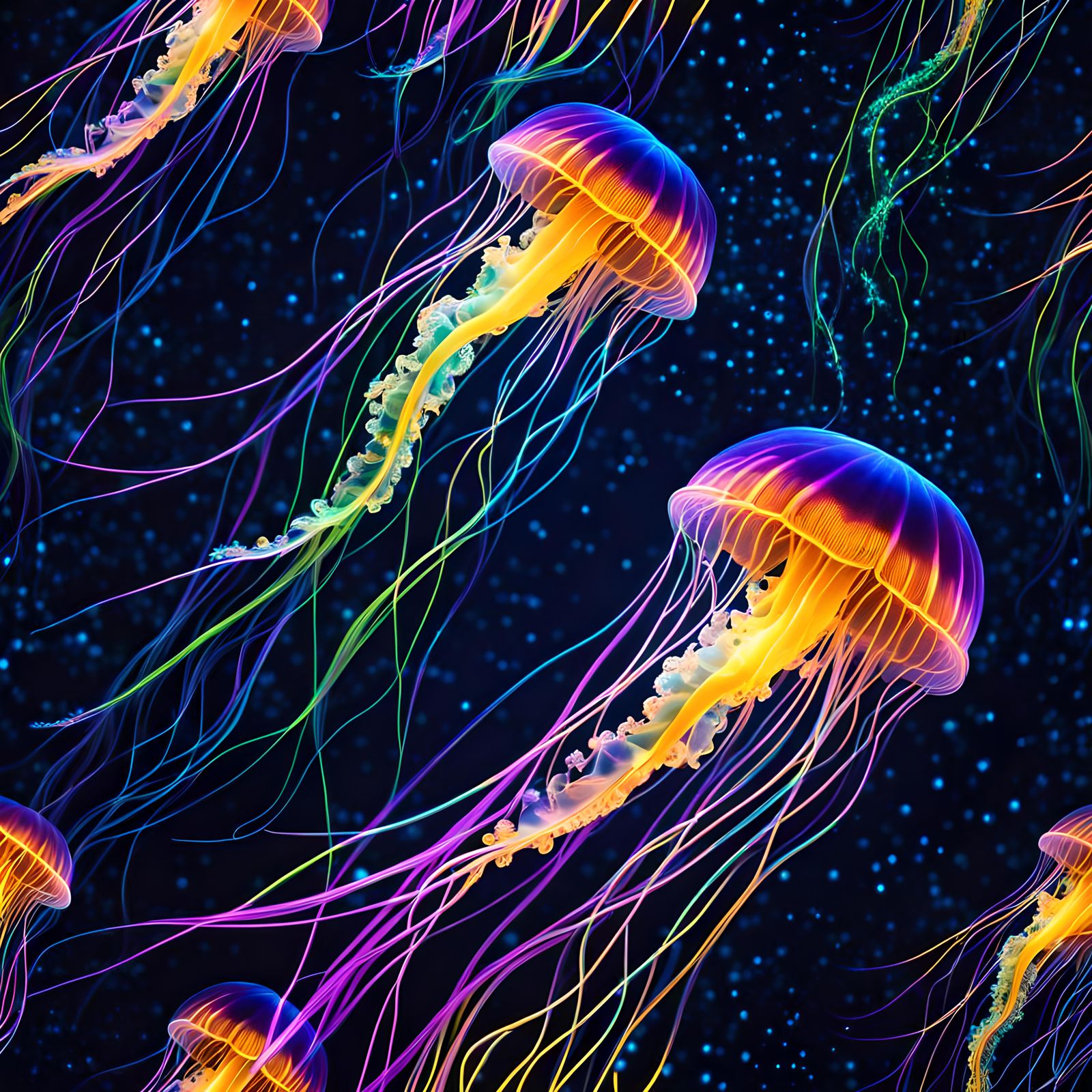 Bioluminescent Jellyfish in Starry Ocean