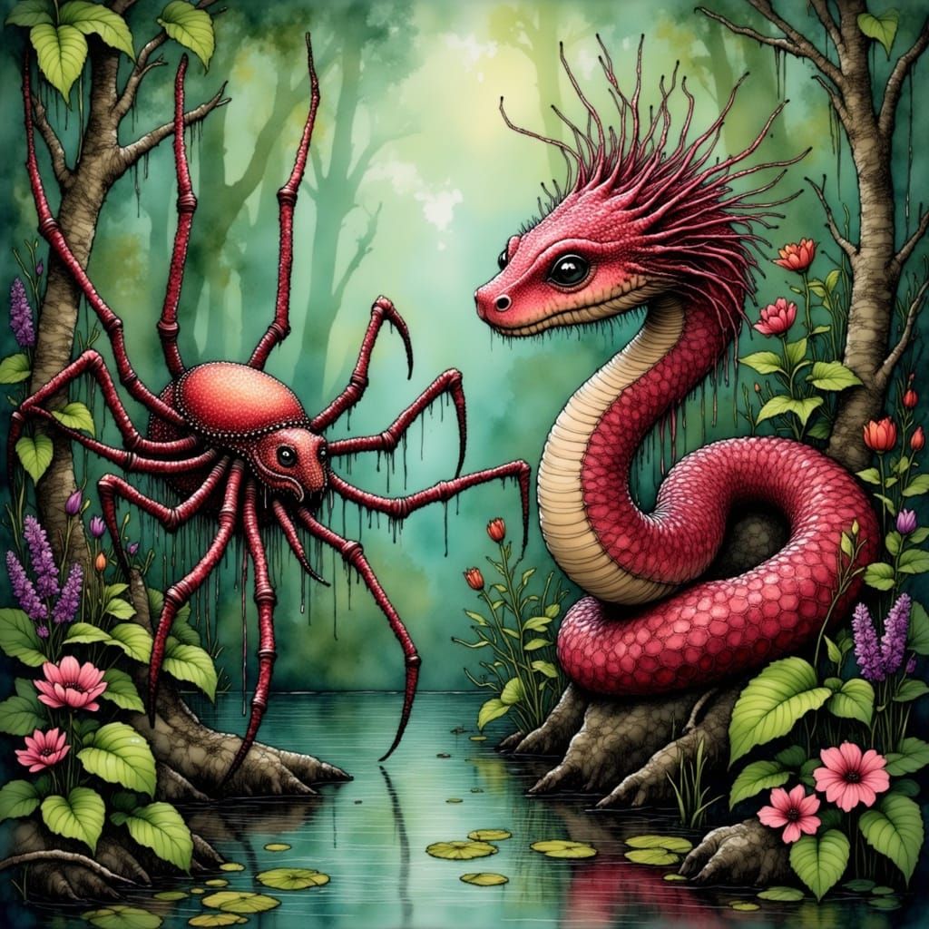 Whimsical Cranberry Anaconda Dances with Bog Spider in Emera...