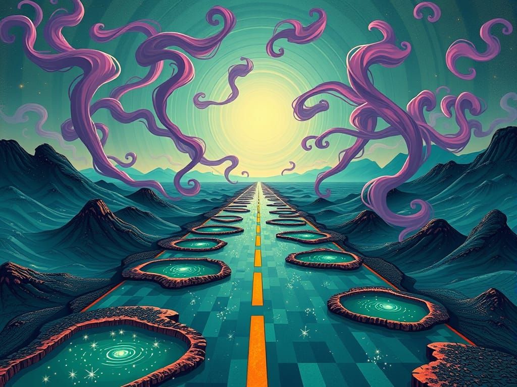 Surreal Cityscape Infinity Road with Celestial Sparks and Wh...