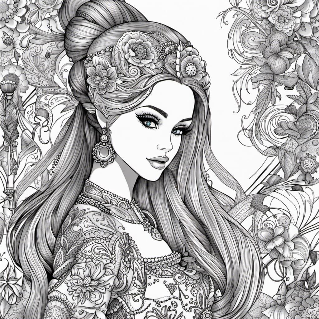 Barbie in Fantasy Outfits: Black and White Line Art