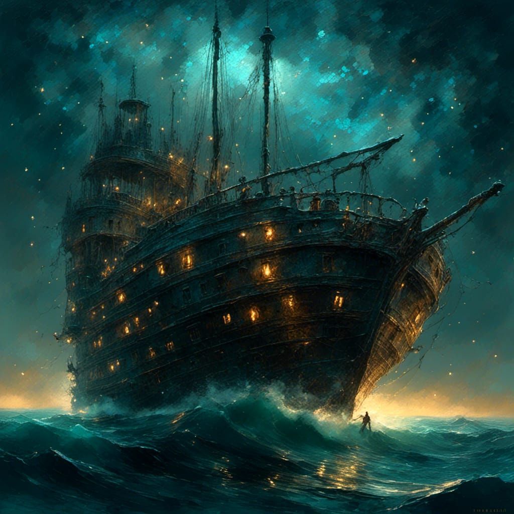 <lora:Lights Camera Action:1.0> Un navire fantôme massif et éthéré naviguant dans un océan brillant et brumeux sous un c...