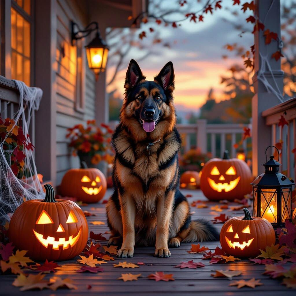 German Shepherd on Halloween Porch in Digital Painting Style