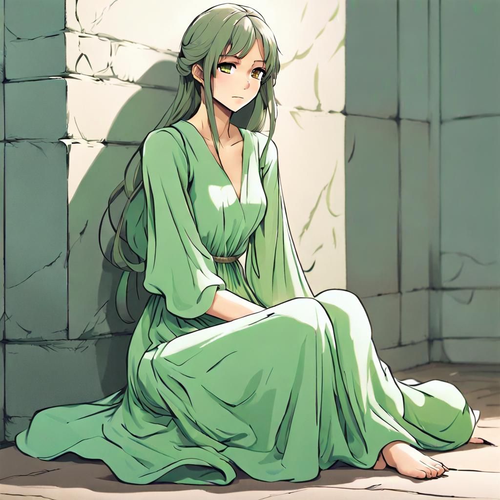 Anime Woman in Green Dress, Cel-Shaded Style