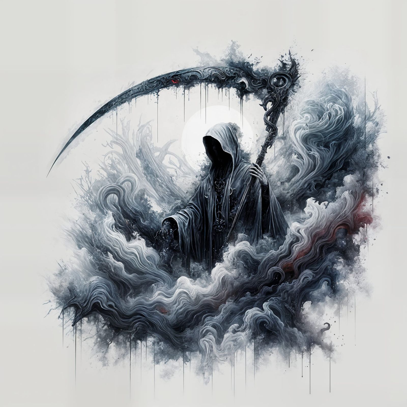 Dark Fantasy Reaper with Scythe in Cold Mist