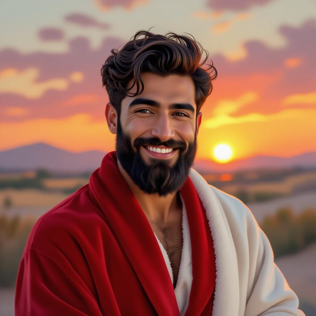 Bearded Man in Red Velvet Robe: Impressionist Oil Painting