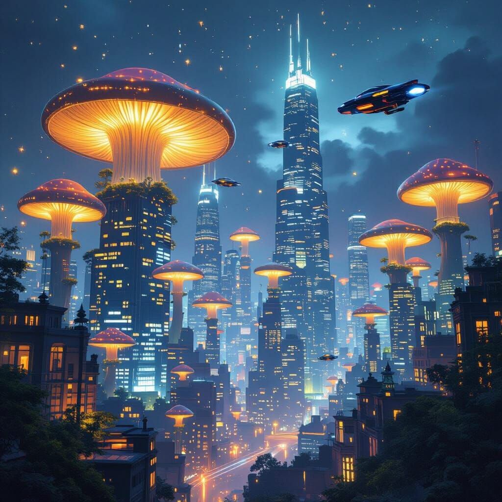 Glowing Mushroom Cityscape in Matte Painting Style