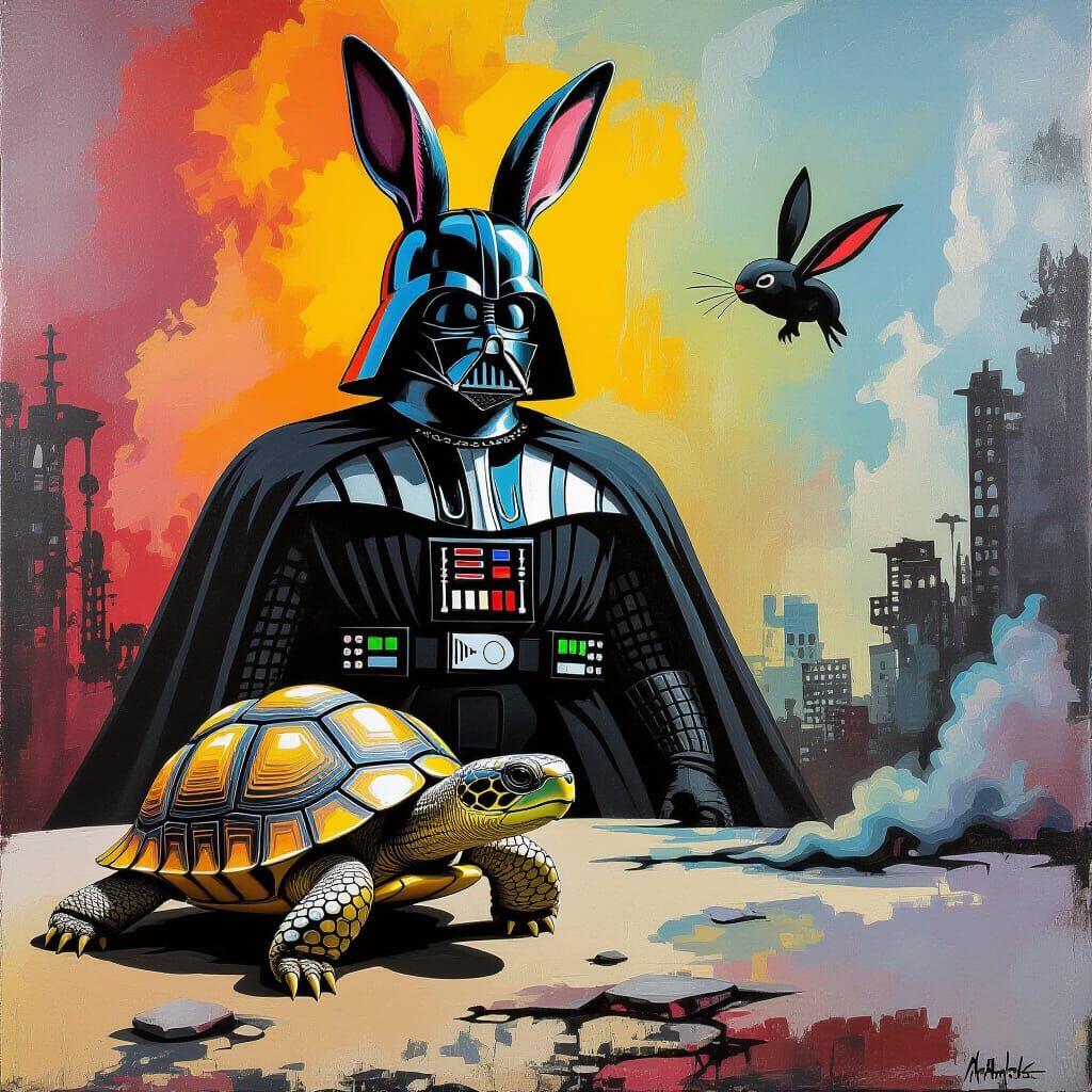 Tortoise and Hare: Surreal Street Art Polychromatic Scene