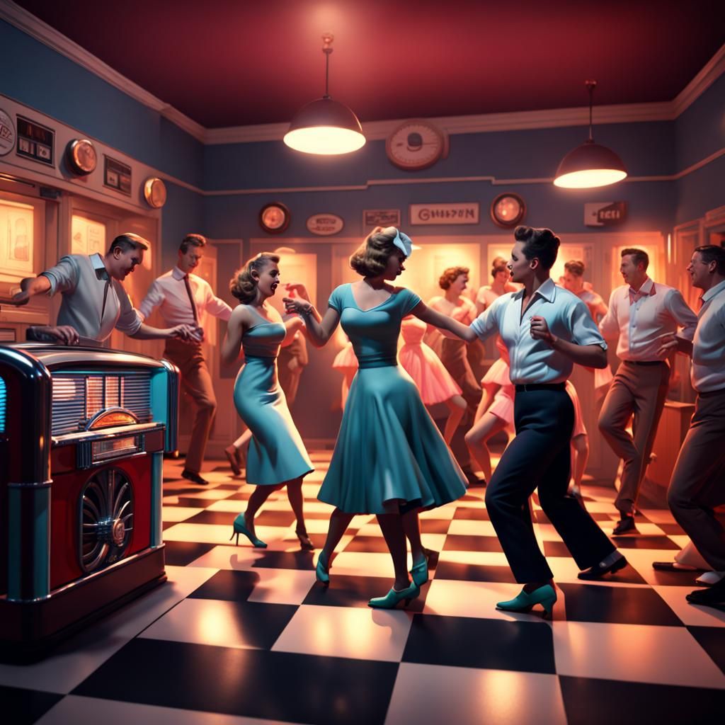 1950s Sock Hop Dance in Hyperrealistic Style