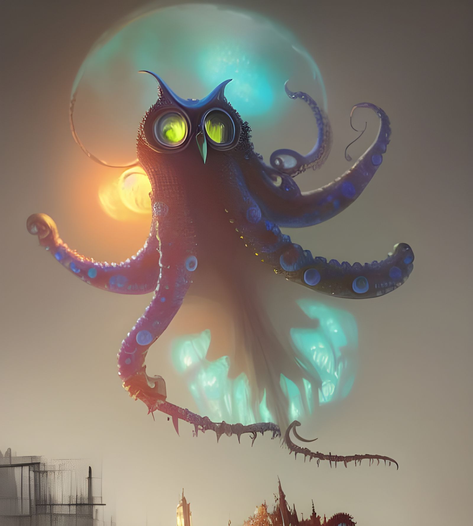 Eldritch Owl-Squid Chimera Inspired by Gaudí