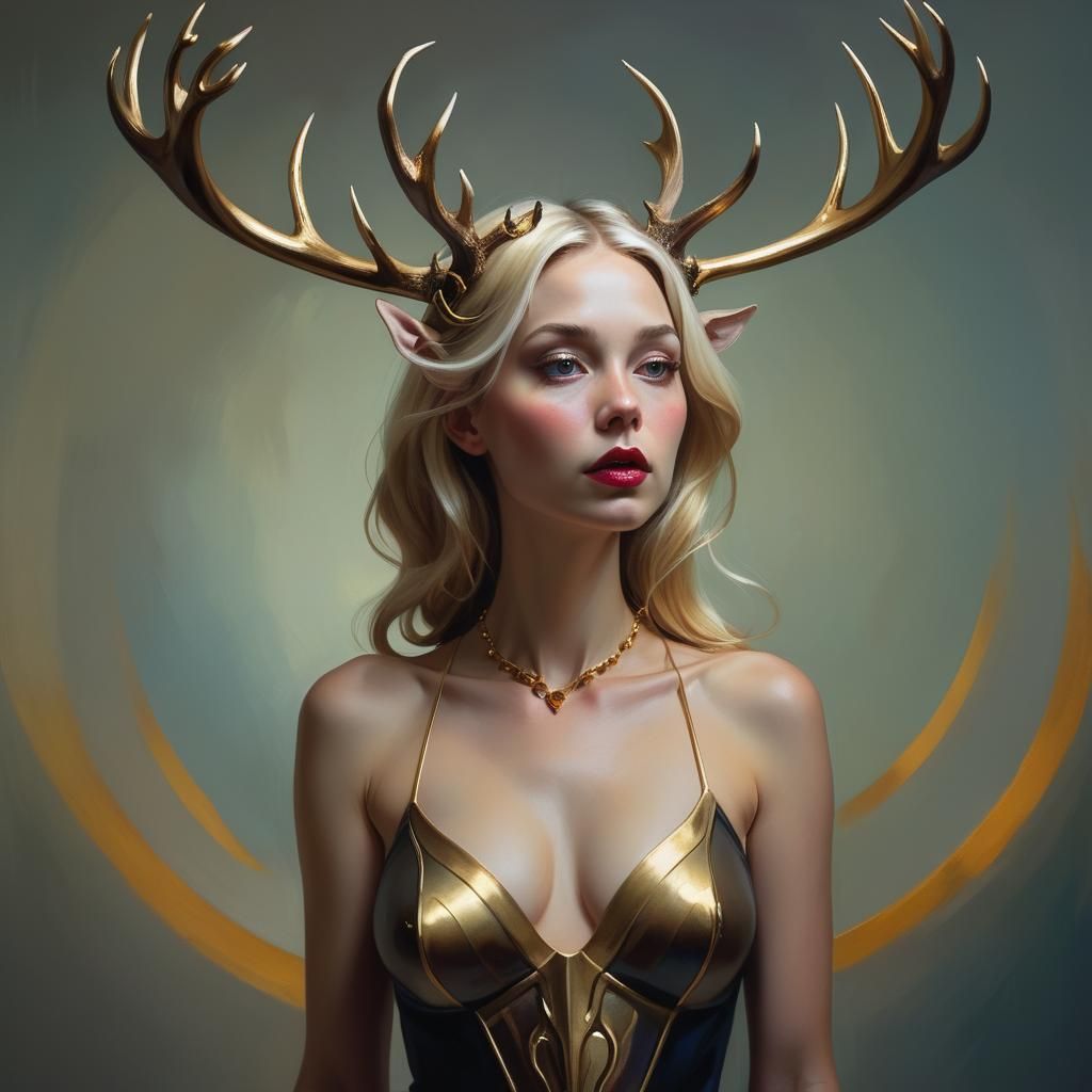 Surreal Stag Woman in Art Nouveau Style