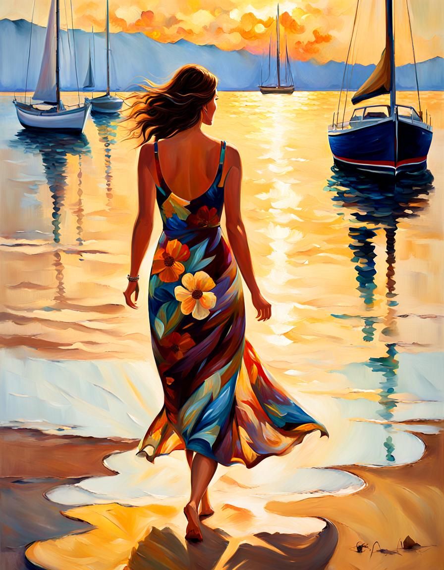 Woman on Beach in Neo-Impressionism Style