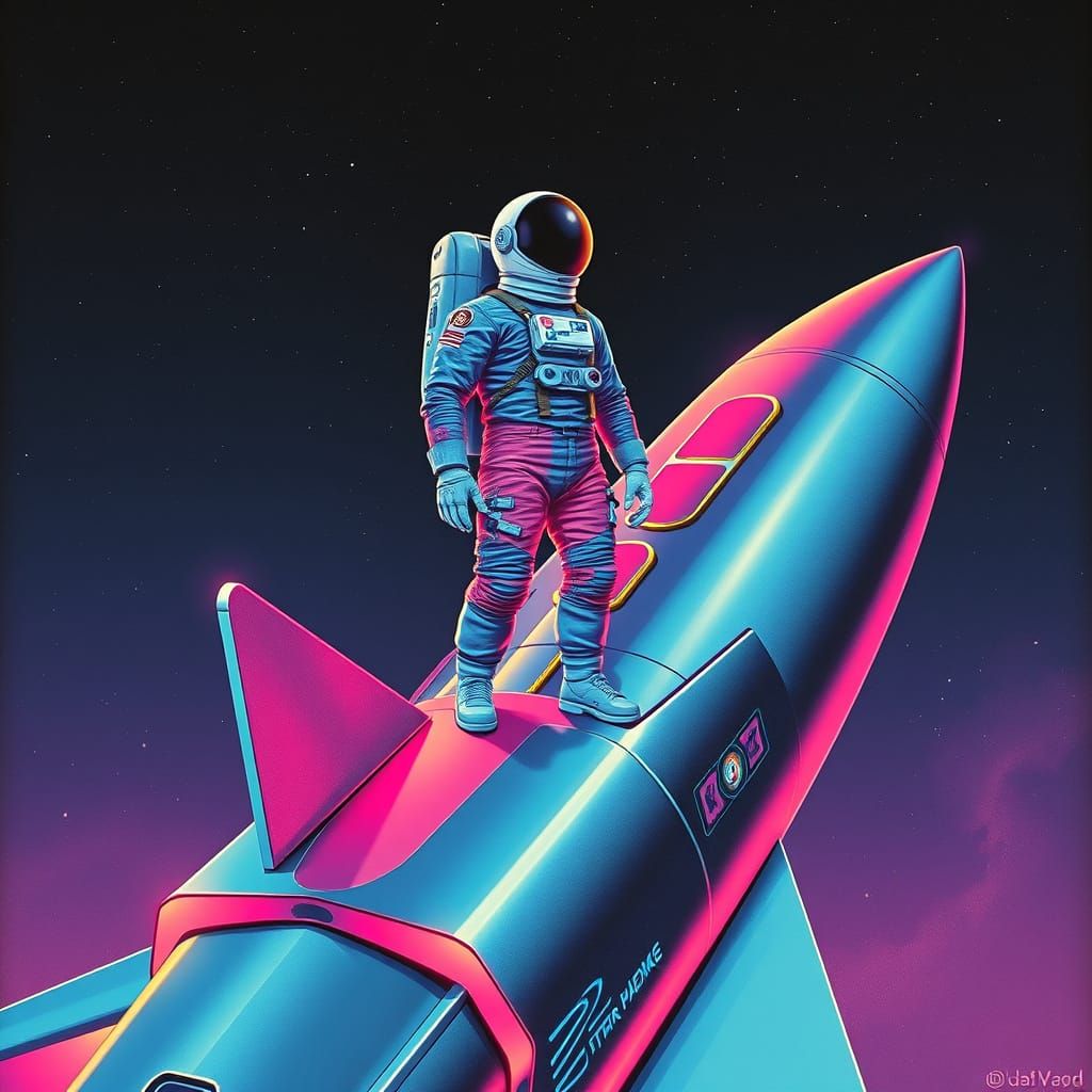 Retro-Futuristic Astronaut on Supersonic Rocket Ship