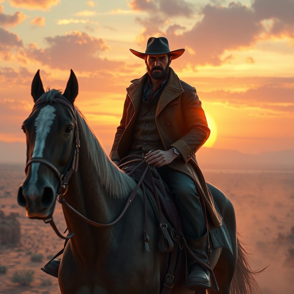 Cowboy Rides Through Desert Landscape at Sunset