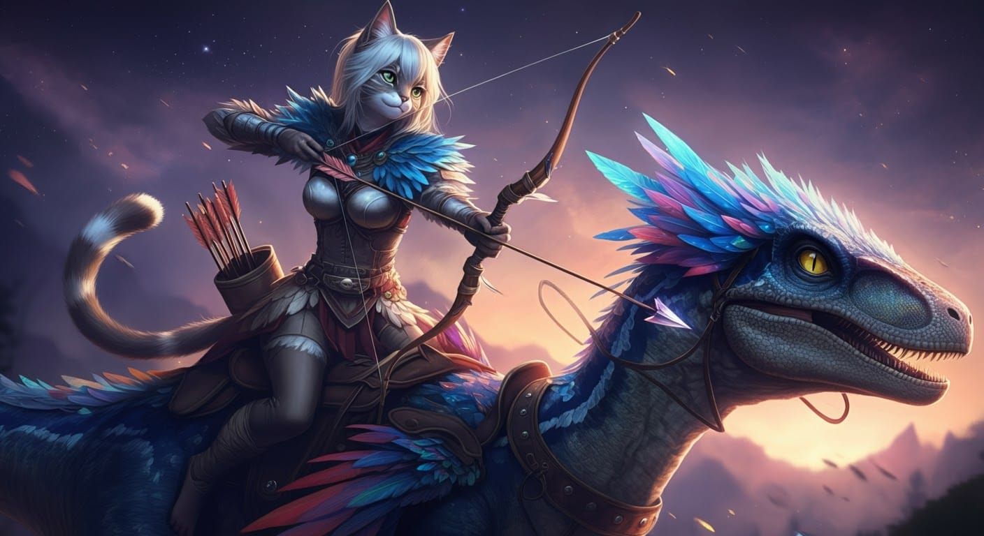 Anime Catgirl Rides Velociraptor in Epic Digital Art