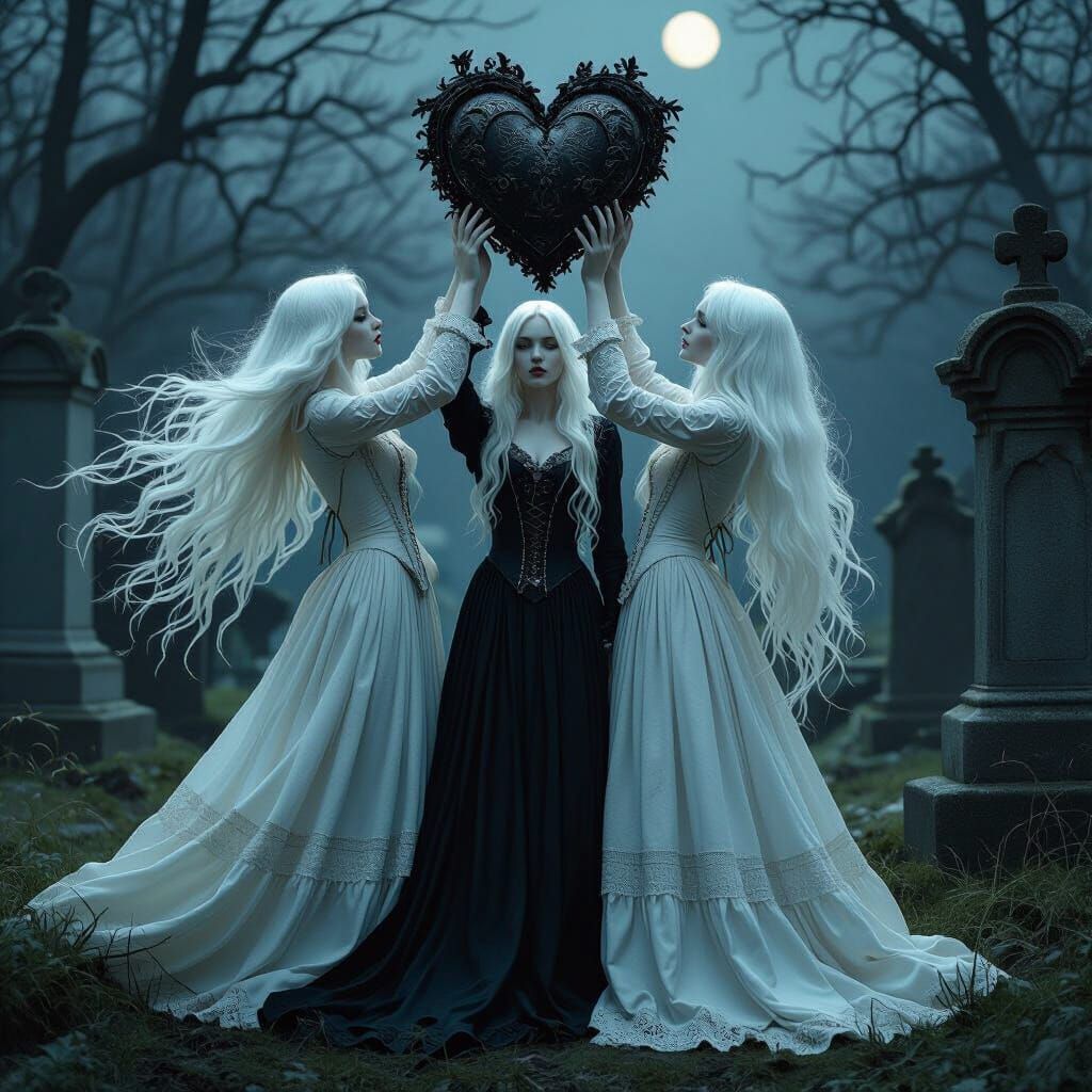 Ethereal Banshees Haunt Gothic Graveyard with Heart Sculptur...